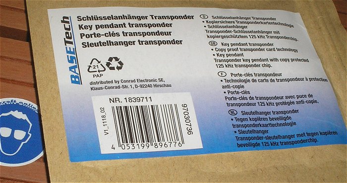 hq2 RFID-Transponder Schlüsselanhänger blau Basetech BT-1839711 EAN 4053199896776