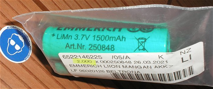 hq3 2x Akku 3.7V 1500mAh Lötfahne Li-Ion LiIon LiMn 18650 Emmerich 250848 EAN 4016138484007