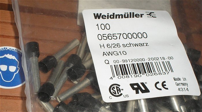 hq2 ca 100x Aderendhülse 6mm² Weidmüller H6 26 schwarz 0565700000 EAN 4008190026837